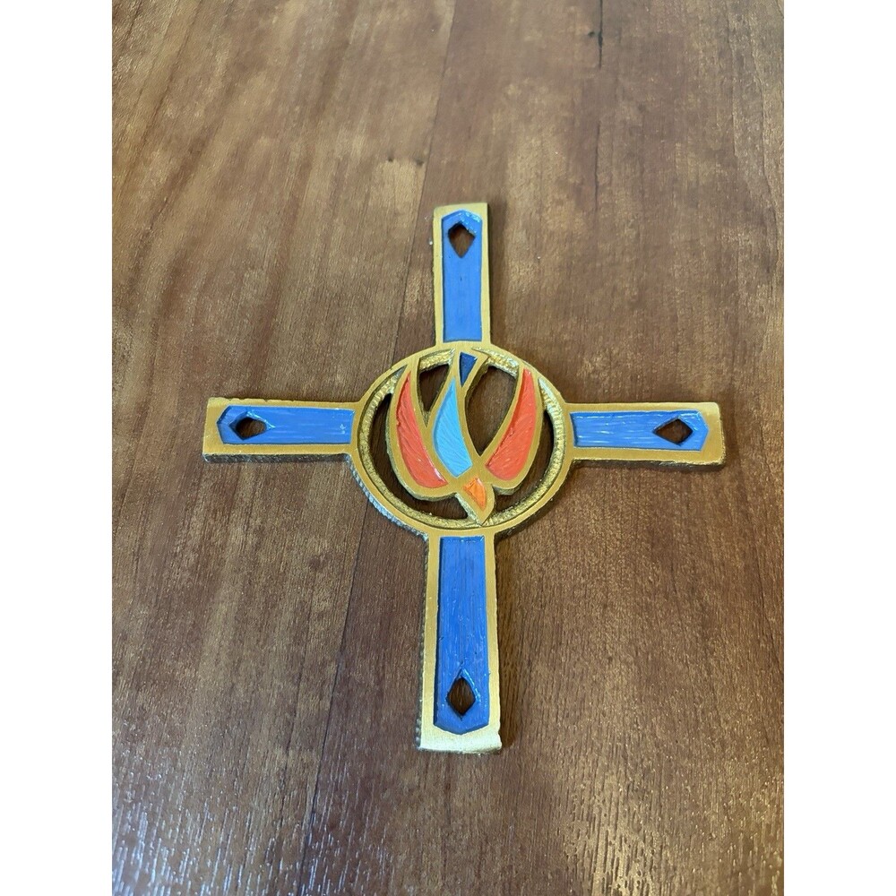 VTG Terra Sancta Guild Brass Enamel Cross w/ Dove - Made in Israel - Holy Spirit